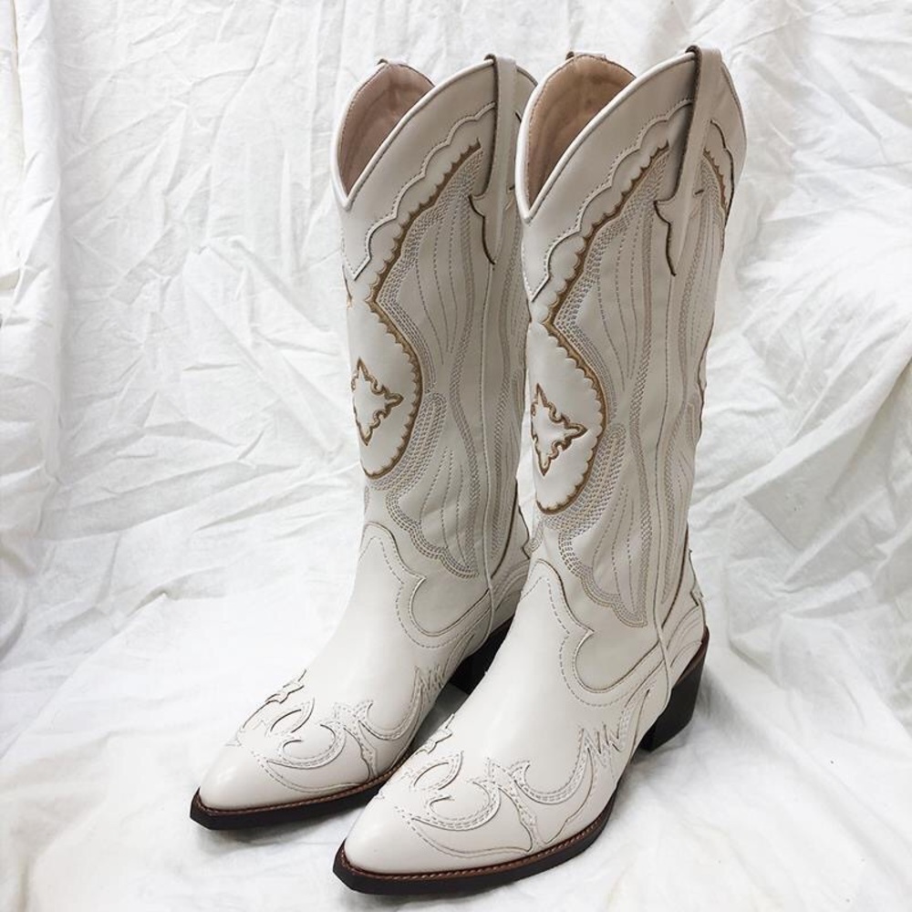 White and Brown Heeled Leather Boots